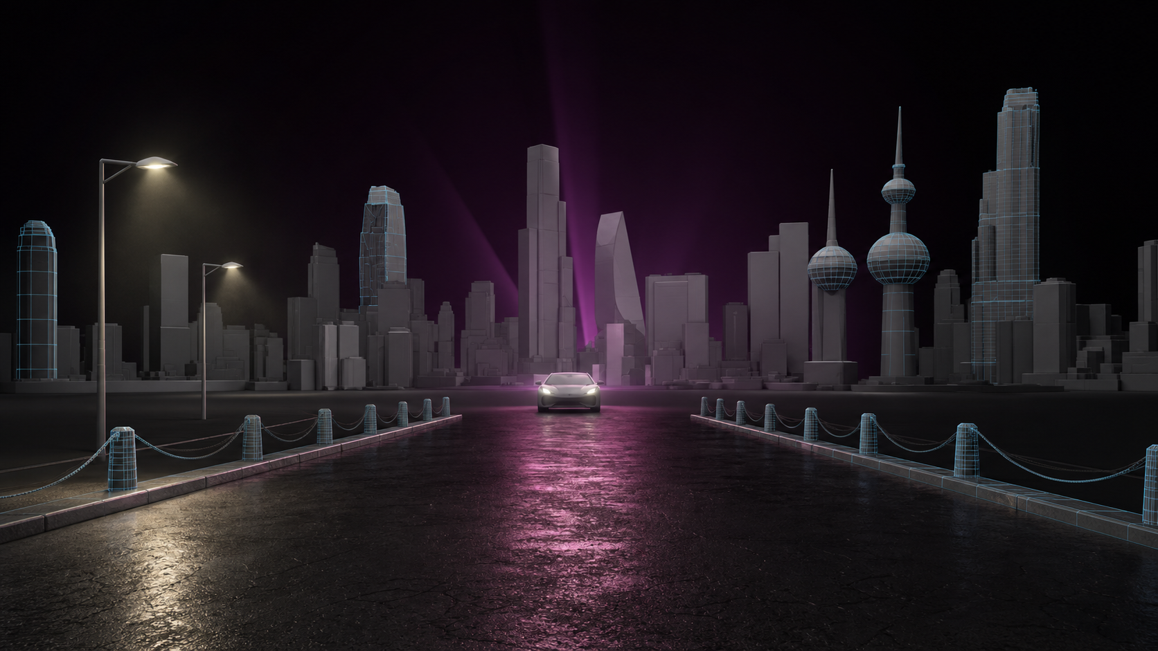 Kitco Bites city environment shown as a clay and wireframe lighting study