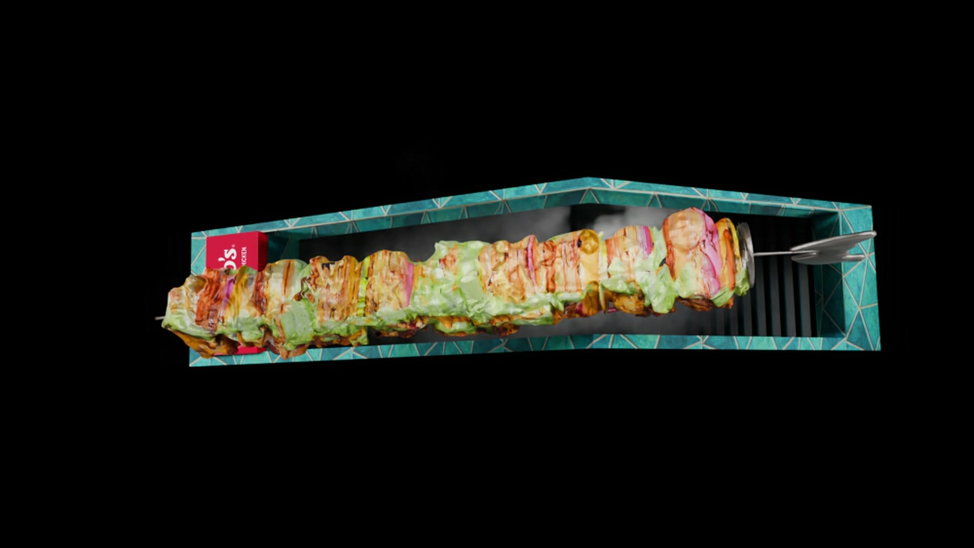 Close view of the fully CG Nando's Espetada chicken skewer and fork