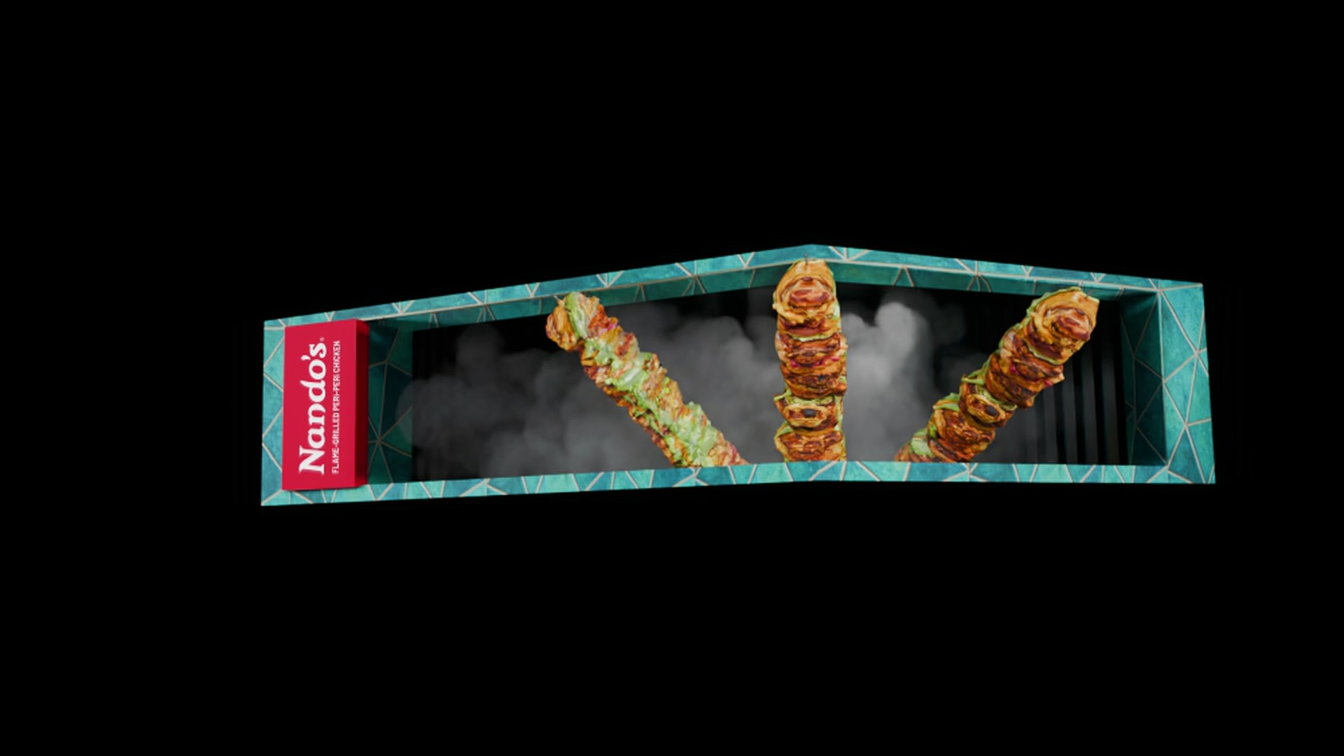 Three fully CG Nando's Espetada skewers rising within the anamorphic billboard frame