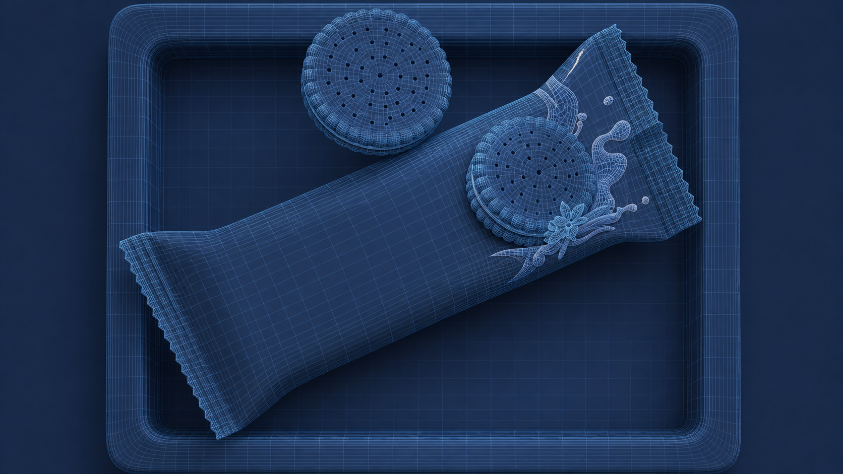 Tobigo Roundy package and biscuits shown as a blue topology wireframe